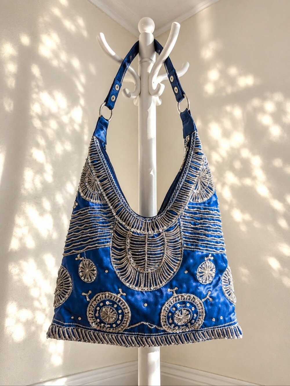 Vintage Beaded Blue Satin Hobo Bag Shoulder Purse Silver Sequin Tote Fringe Y2K